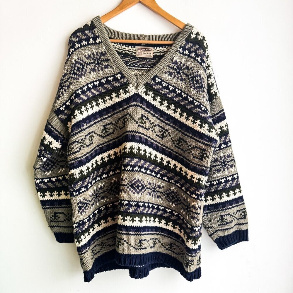 Rey Wear Multicolour Chunky V Neck Pullover Sweater L